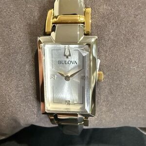 Bulova Gold and Silver Rectangular Watch with Two-Tone Bracelet